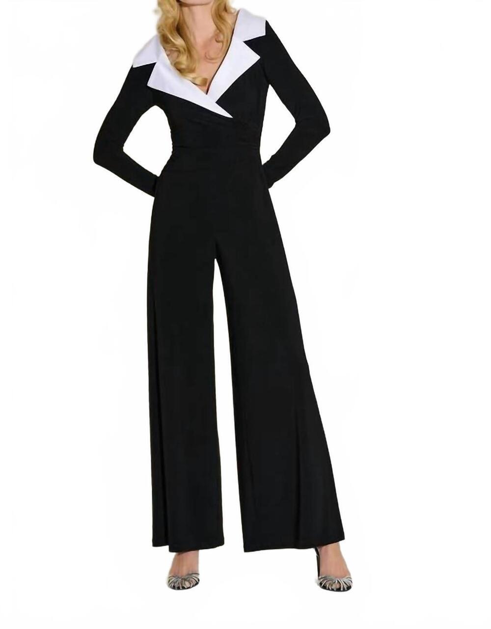 NEW JOSEPH RIBKOFF silky knit and satin collar jumpsuit in black